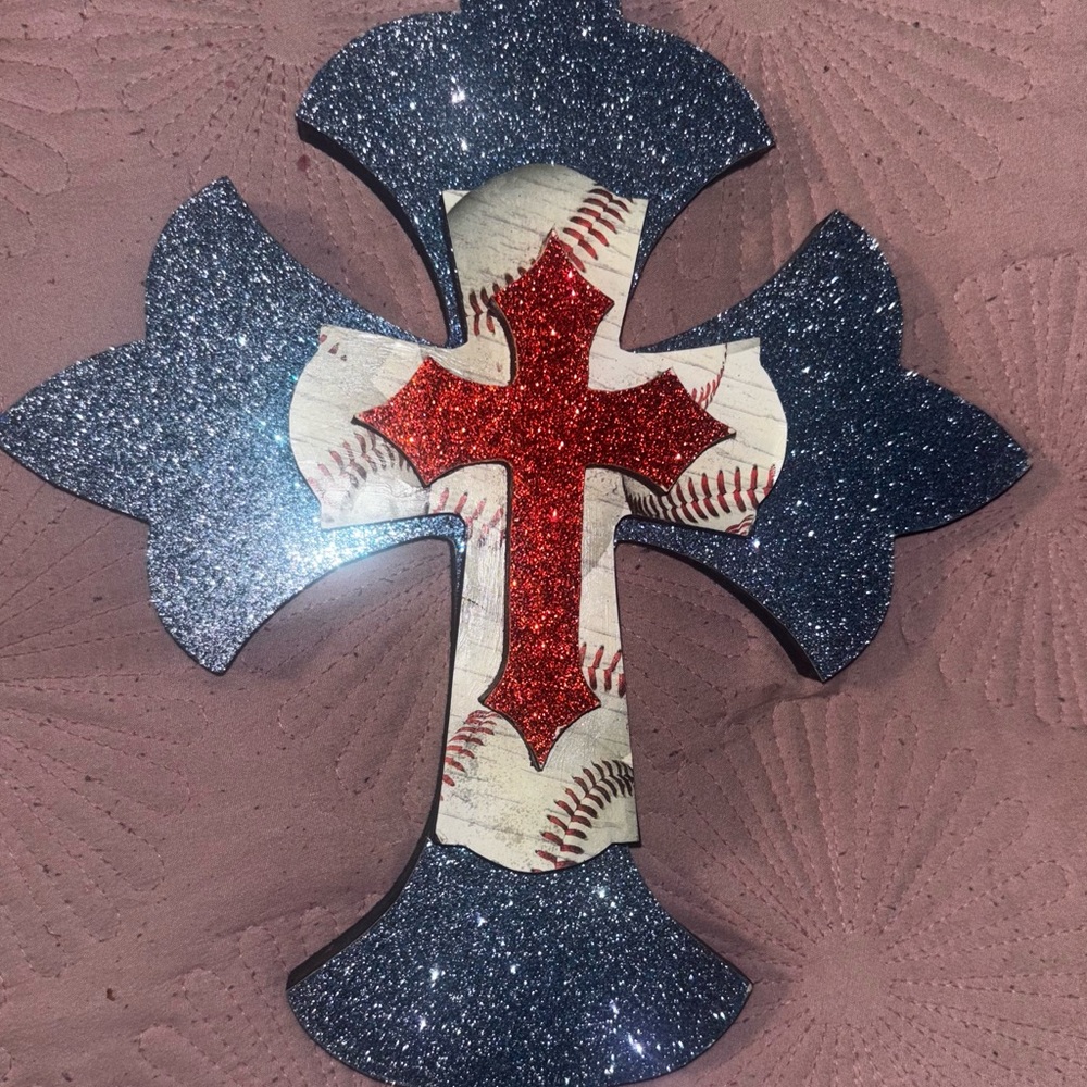 Baseball Glitter Cross Decor